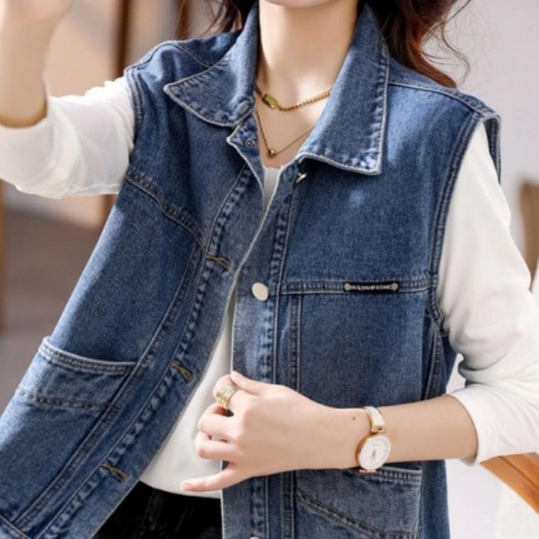 간절기 여성 캐주얼 포켓 카라 데님 베스트 청 조끼