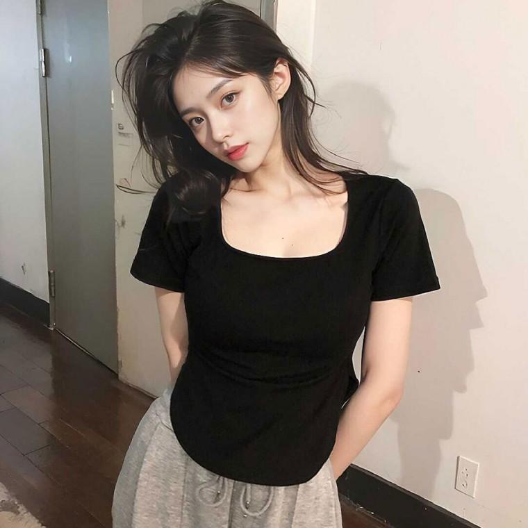 보들 스퀘어넥 밑단 트임 반팔티셔츠 DK-0418