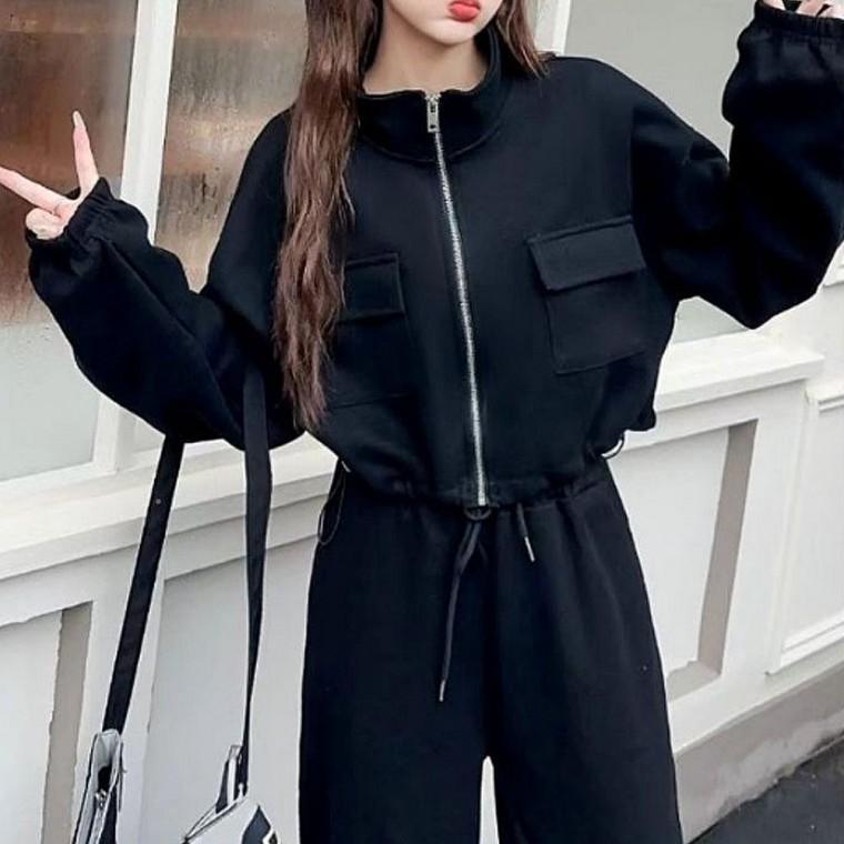 여자 캐주얼 외출 하이넥 크롭 집업 트레이닝 점퍼