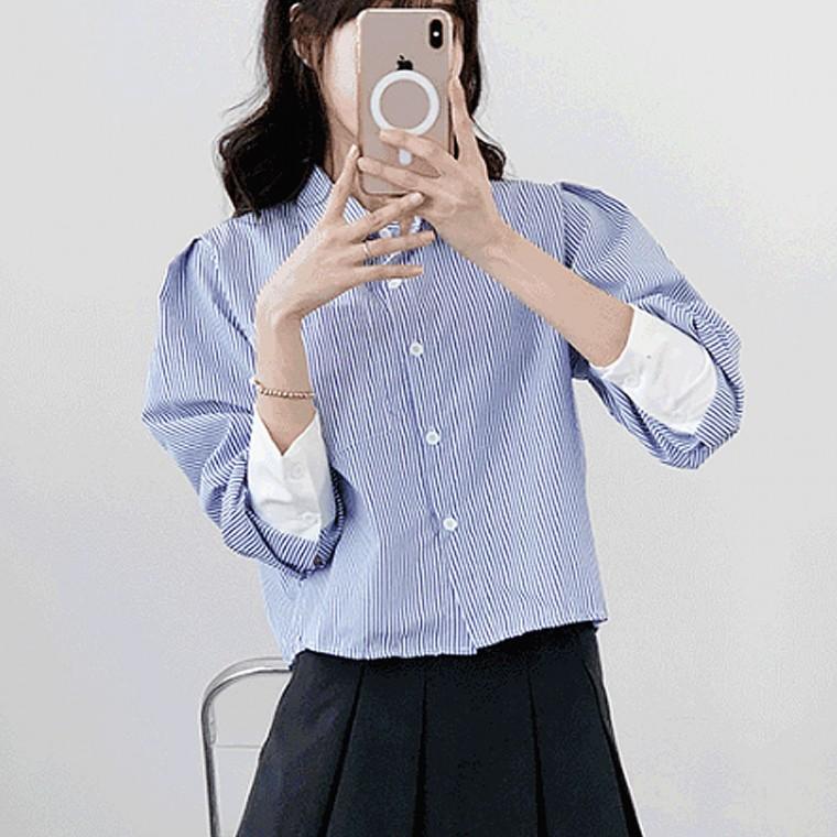 여성 데일리룩 스트라이프 크롭 셔츠 남방 코디