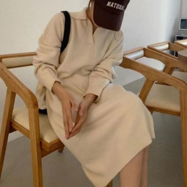 V넥 카라 가을 겨울 긴팔 여성 루즈핏 니트 롱 원피스