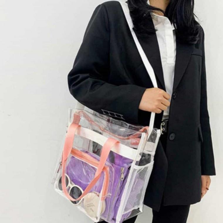 투명 숄더 토트백 핑크