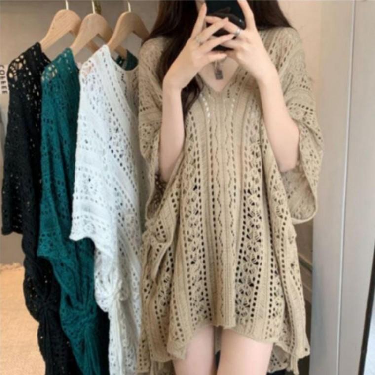 여성 여름 레이어드룩 펀칭 니트 풀오버 루즈핏 그물 시원한 휴양지룩 체형커버 바캉스 그물티