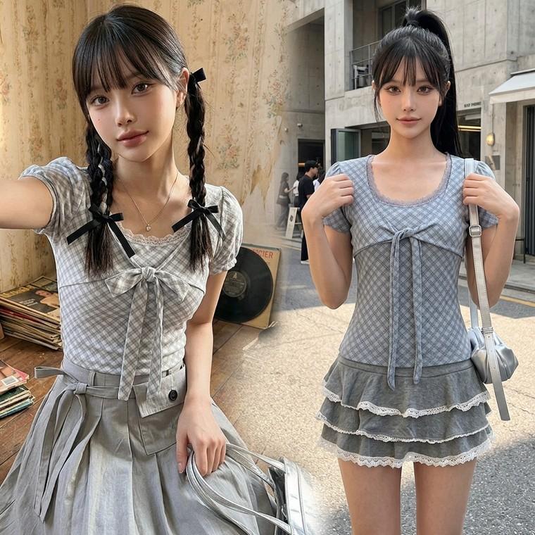 글램체크퍼프티 반팔 레이스 블라우스 타이티셔츠 여름 데이트룩