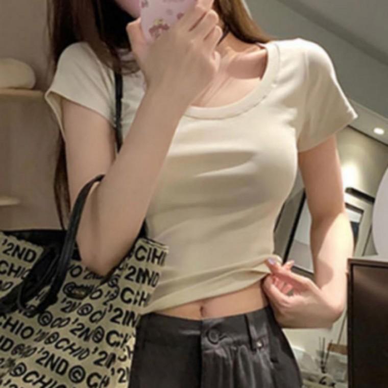 여성 여름 세미 크롭 U넥 무지 패션 크롭티 반팔 티 베이직 티셔츠 트렌디 슬림핏 데일리
