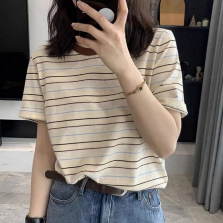 여성 여름 면 라운드 스트라이프 반팔 티셔츠 캐주얼 반팔티 단가라 마린룩 데일리 기본템