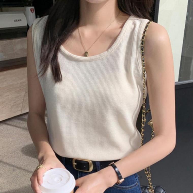 여성 여름 시원한 민소매 나시티 U넥 패턴 와플 나시 통기성 이너웨어 캐주얼 레이어드