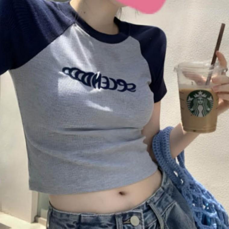 여성 여름 미니티 티셔츠 크롭 레터링 크롭 숏티셔츠 반팔 영문 트렌디 스트릿 패션 Y2K