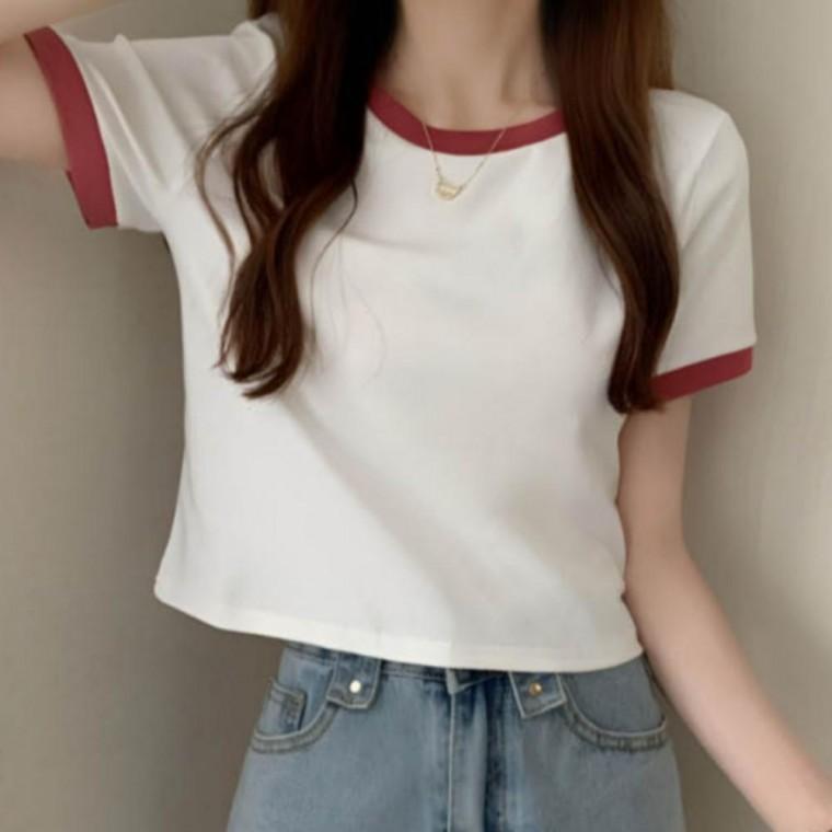 여성 여름 라인 캐주얼티 크롭 무지 트렌디 배색 티셔츠 반팔 크롭티 스포티 스트릿 패션