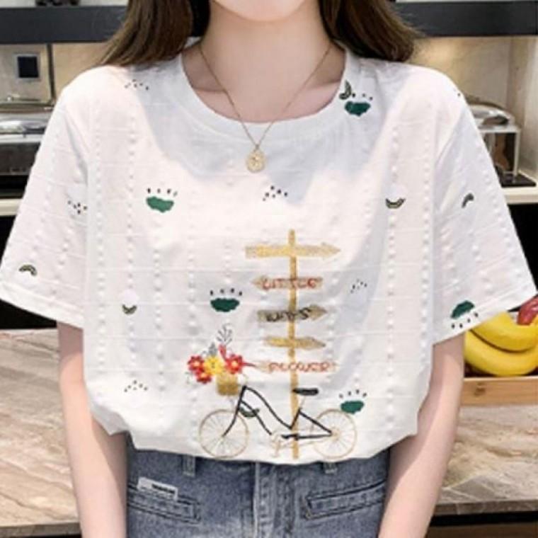 반팔티 패션 여성 1P 러블리 티셔츠 여름 라운드넥 루즈핏 자수 캐주얼