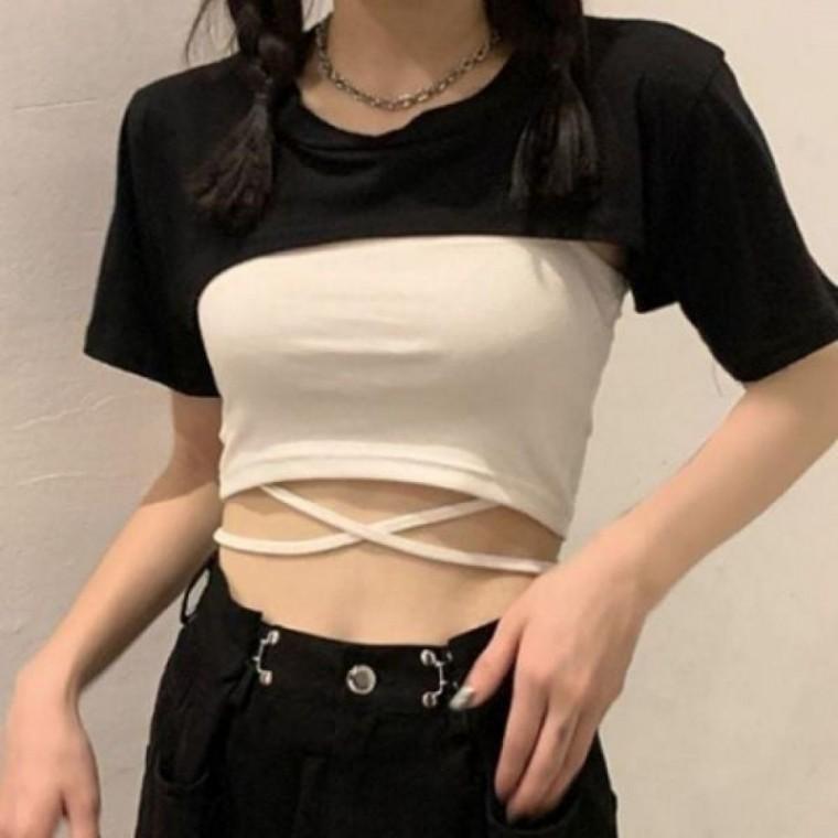 레이어드 티셔츠 캐주얼 크롭 반팔티 여성 패션 스포티 배색 1P 여름