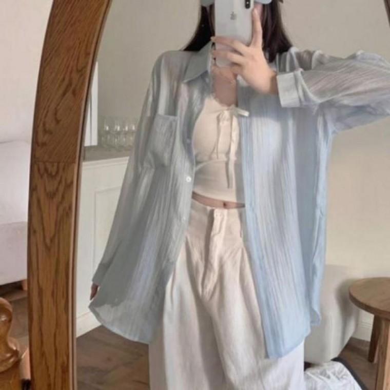 여름 여성 남방 간절기 셔츠 레이어드 시스루 긴팔