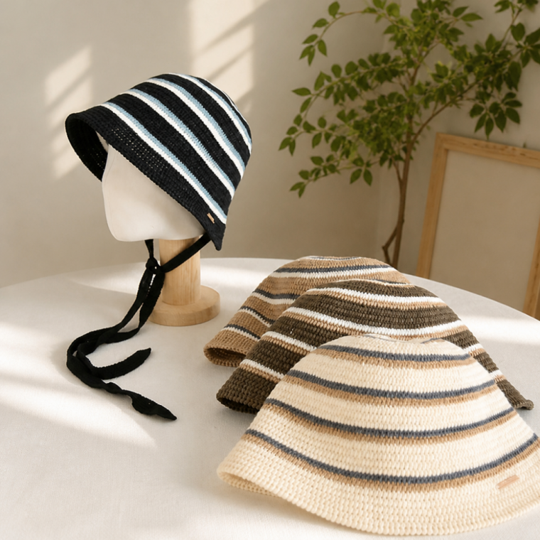 여성 스트라이프 리본 벙거지 모자 여름 버킷햇 자외선 차단용