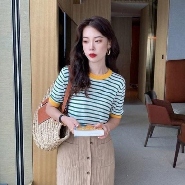 스트라이프 니트 배색 프렌치 여름 반팔