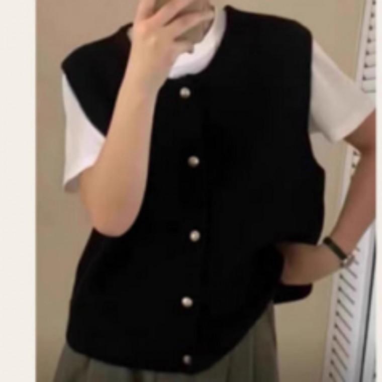 여성 금장 버튼 니트 조끼 가디건 레이어드 브이넥 베스트