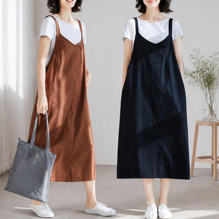 어스톤 핀턱 코튼 린넨 혼방 뷔스티에 롱 원피스 퍼프 조끼