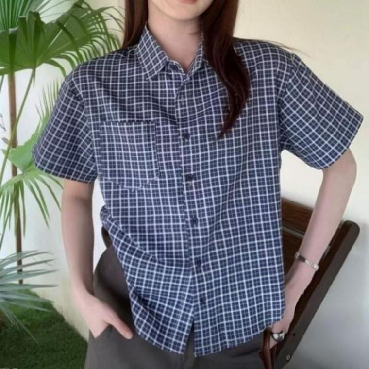 반팔 데일리 남방 체크 C-1008577 블라우스 루즈핏 여름 셔츠