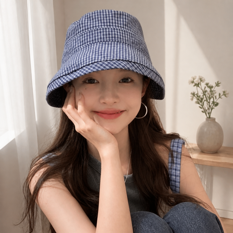 체크 패턴 리본 버킷햇 얼굴 작아 보이는 여름 벙거지 모자