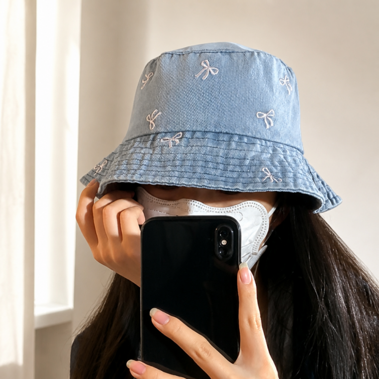 러브 데님 리본 버킷햇 여름 여성 벙거지 모자