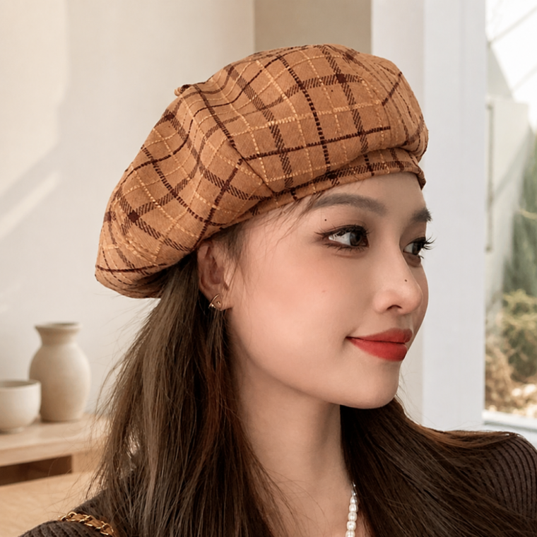 여성 빈티지 체크 베레모 클래식 가을 겨울 울 모자 패션 아이템