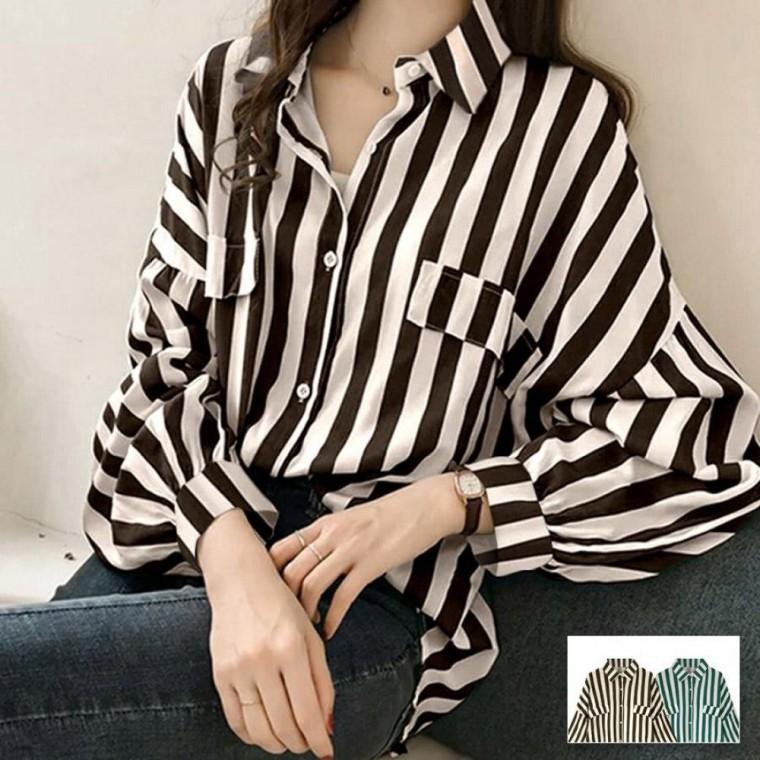 여성 봄 데일리룩 오버핏 스트라이프 긴팔셔츠 다양한 코디 티셔츠 Bon-2607