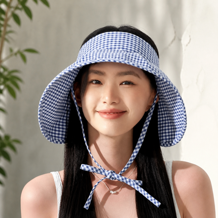 니스 해변 휴가용 체크 썬바이저 자외선 차단 여성 모자