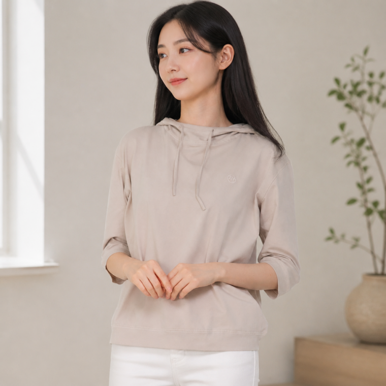 간절기 여성용 7부 후드티셔츠 면소재 루즈핏 후드탑 데일리룩