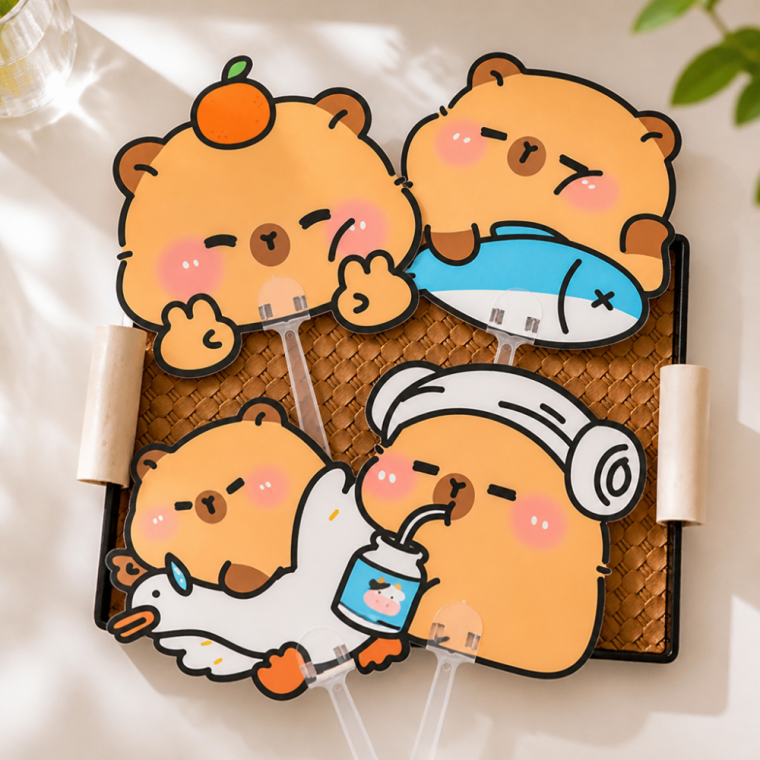 카피바라 캐릭터 여름 휴대용 핸들 부채 4p 귀여운 디자인