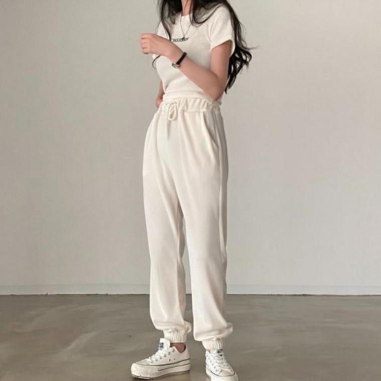 여성 캐주얼 스포티 라운드 반팔 조거 와이드 팬츠 셋업