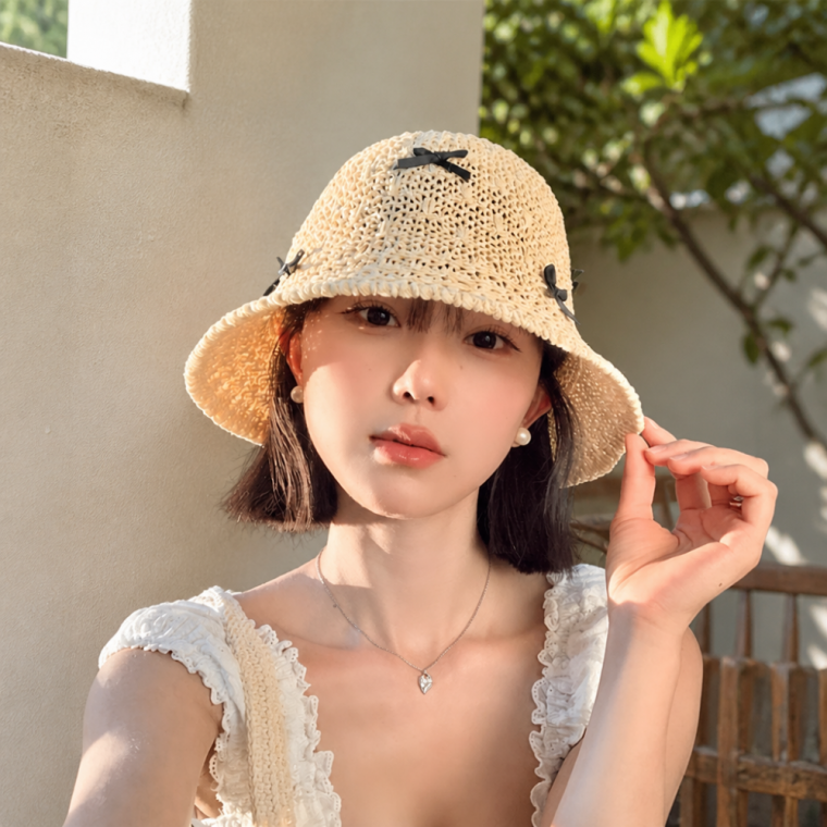 여성 리본 포인트 라피아 벙거지 햇 여름 휴가 바캉스 버킷햇