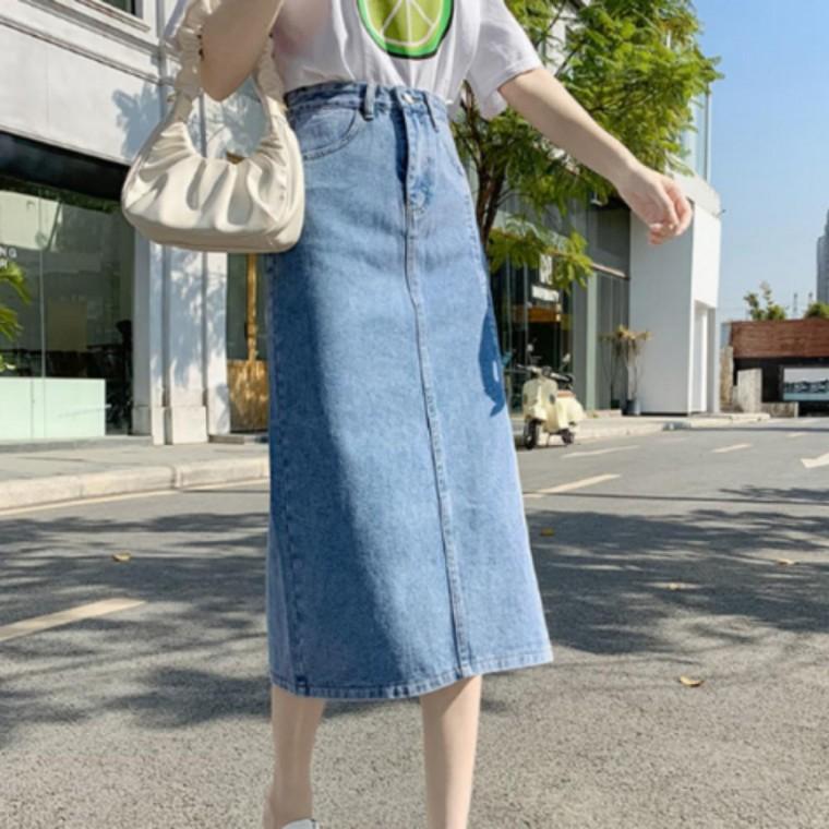 여성 캐주얼 연청 청 치마 앞트임 롱 데님 스커트