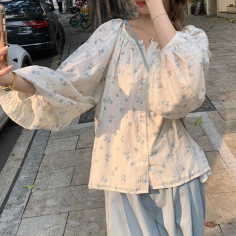 여성 러블리 로맨틱 레이스라인 제비꽃 블라우스 셔츠