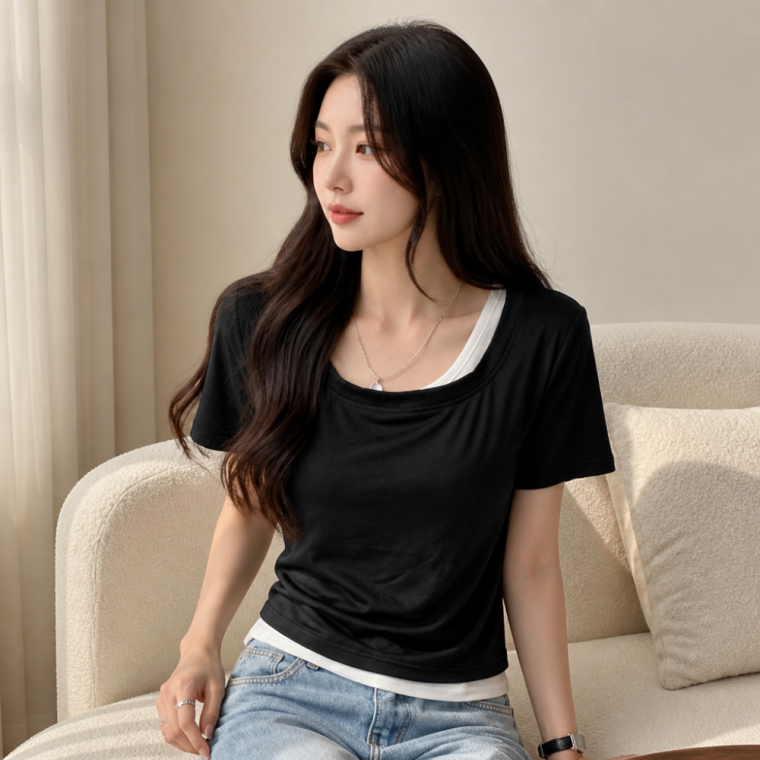 사선 언발란스 레이어드 반팔 티셔츠 2color LM-0895