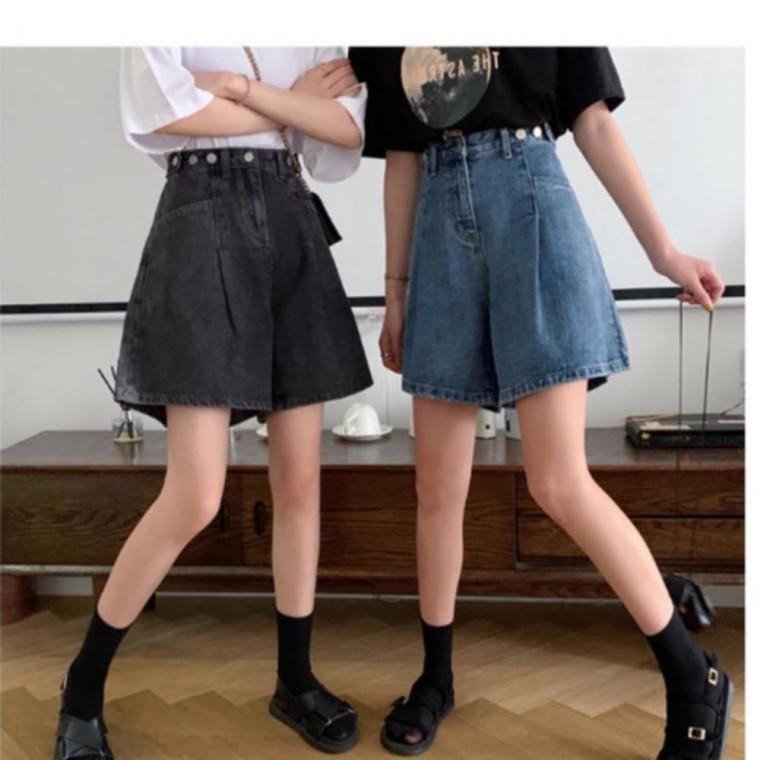반바지 여성 단추 캐주얼한 와이드핏 사이즈조절 청와이드핏 청바지