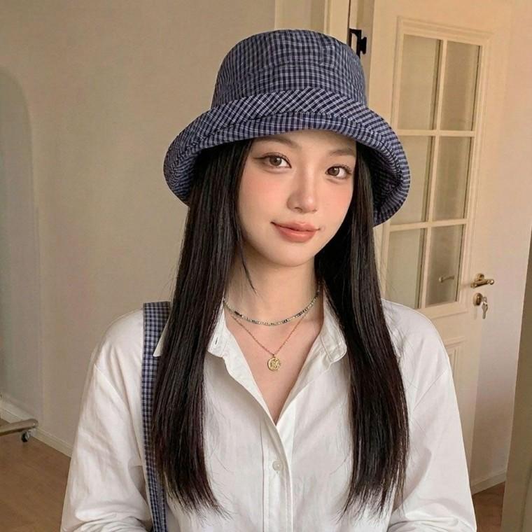 체크 패턴 버킷햇 벙거지 모자 캐주얼 데일리 여성모자