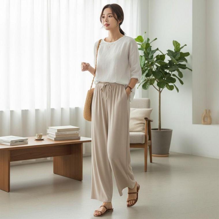 차르르핏 아이스쿨 와이드바지 냉감 여성 데일리 밴딩팬츠