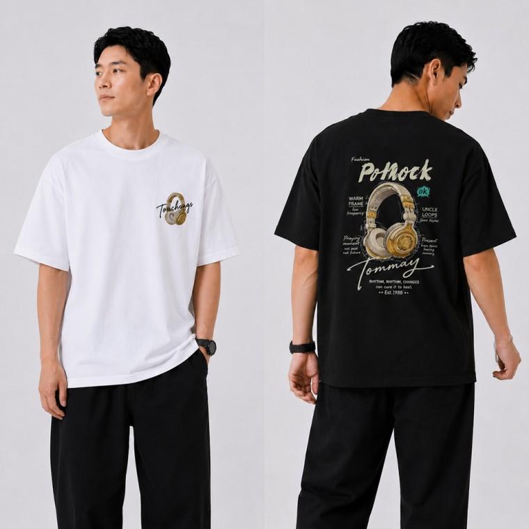 남성 데일리 스트릿 감각 헤드폰 프린트 여름 캐주얼 반팔티셔츠
