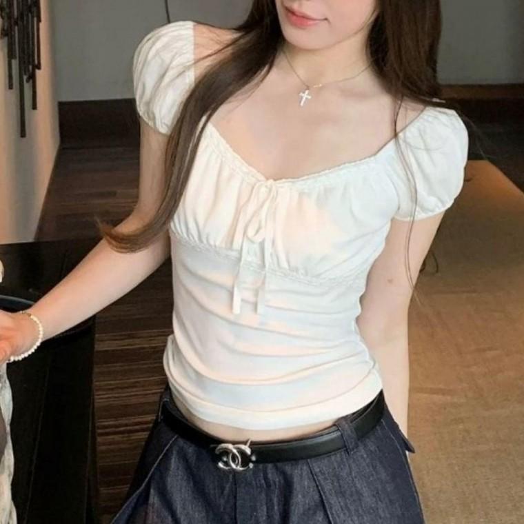 슬림핏 퍼프 티셔츠 레이스 리본 셔링 여성 스퀘어넥 반팔