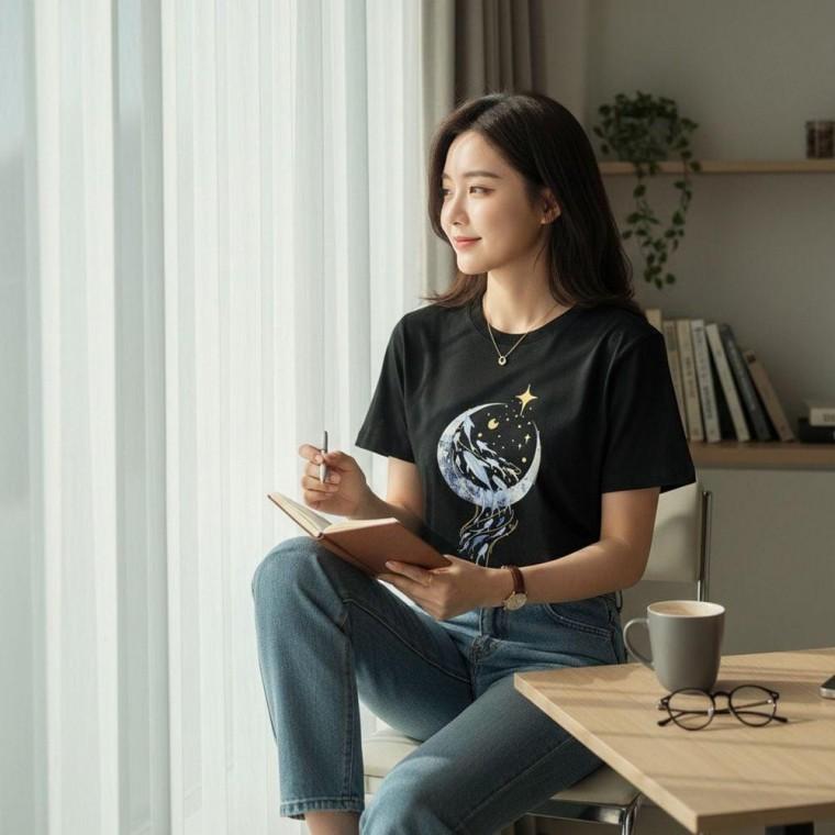 문돌고래 프린팅 반팔티 데일리 오버핏 캐주얼 티셔츠