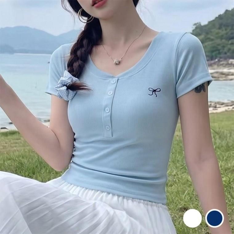 여성 골지 반팔티 리본 버튼 포인트 나들이룩 데일리 티셔츠