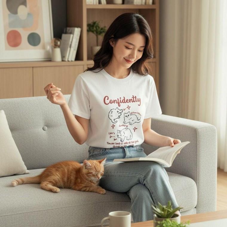 여성 냥이 프린팅 반팔티 데일리 오버핏 캐주얼 티셔츠