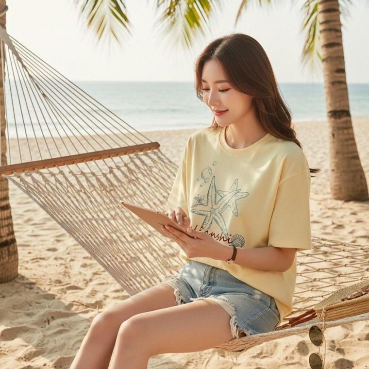 데일리 불가사리 반팔 티셔츠 프린팅 여성 캐주얼 기본 티셔츠