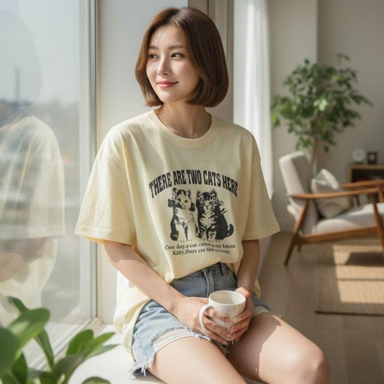 캐츠 박시한 데일리 티셔츠 남녀공용 루즈핏 프린팅 반팔티