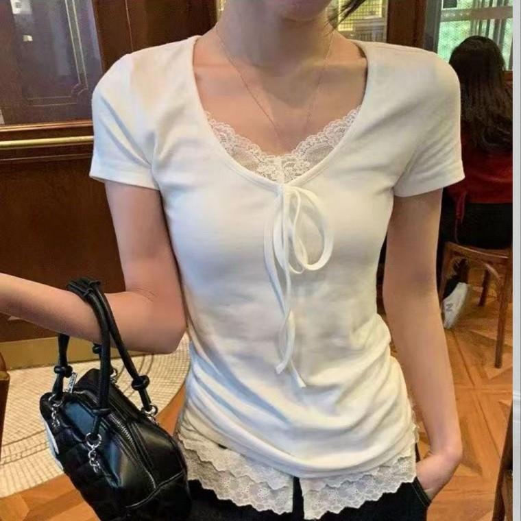 리본 포인트 레이스 반팔티 여성 슬림핏 데일리 티셔츠