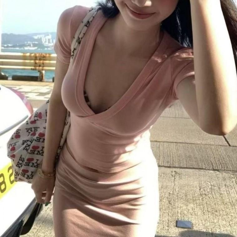 브이넥 랩 크롭티 여성 슬림핏 글램라인 반팔 티셔츠
