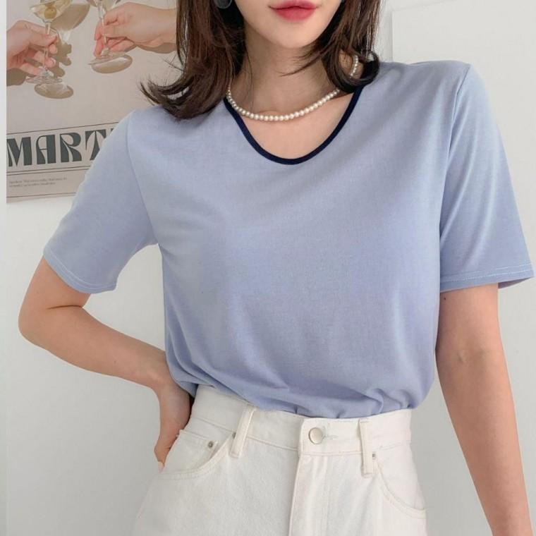 유넥 배색 반팔티 여성 루즈핏 데일리 캐주얼 티셔츠