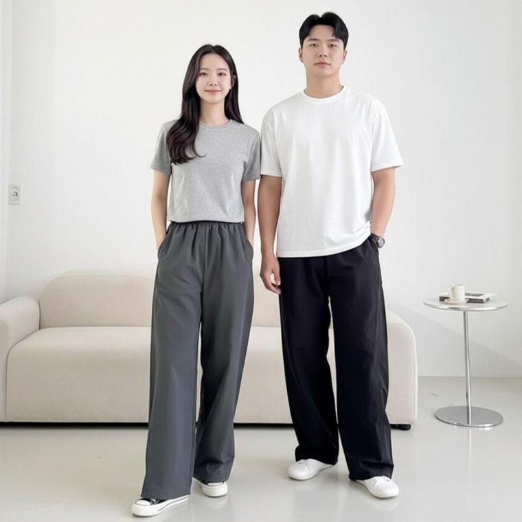 남녀공용 스트링 와이드팬츠 절개라인 밴딩 트레이닝 바지