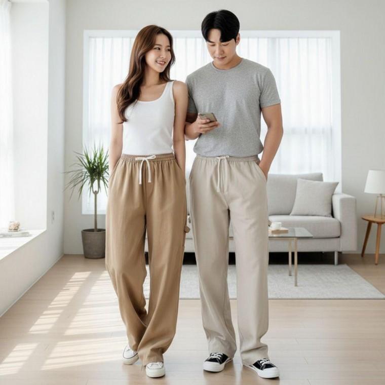 남녀공용 와이드 면바지 카펜더 포켓 스트링 밴딩팬츠
