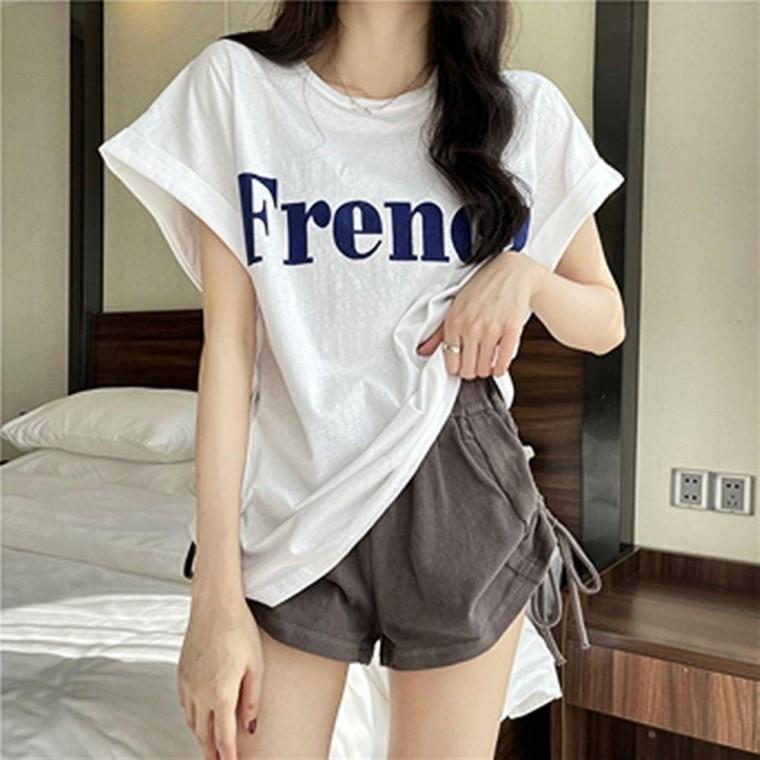 레터링 롤업 반팔티 여성 오버핏 기본 캐주얼 티셔츠