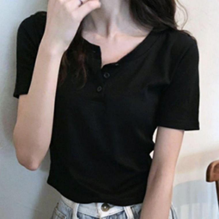 여성 캐주얼 버튼 반팔 티셔츠 데일리 베이직 상의